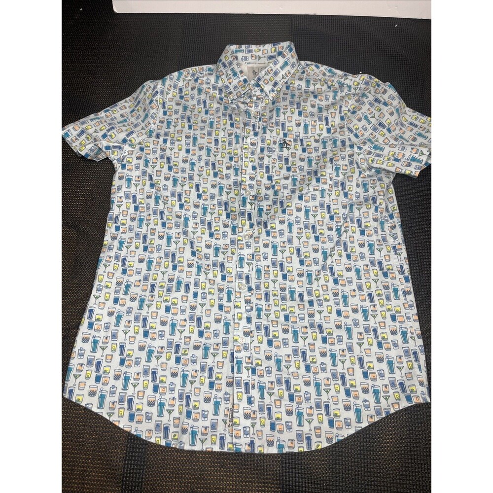 Original Penguin Men's Ballad Blue Regular-Fit‎ Drink-Print Shirt, Medium